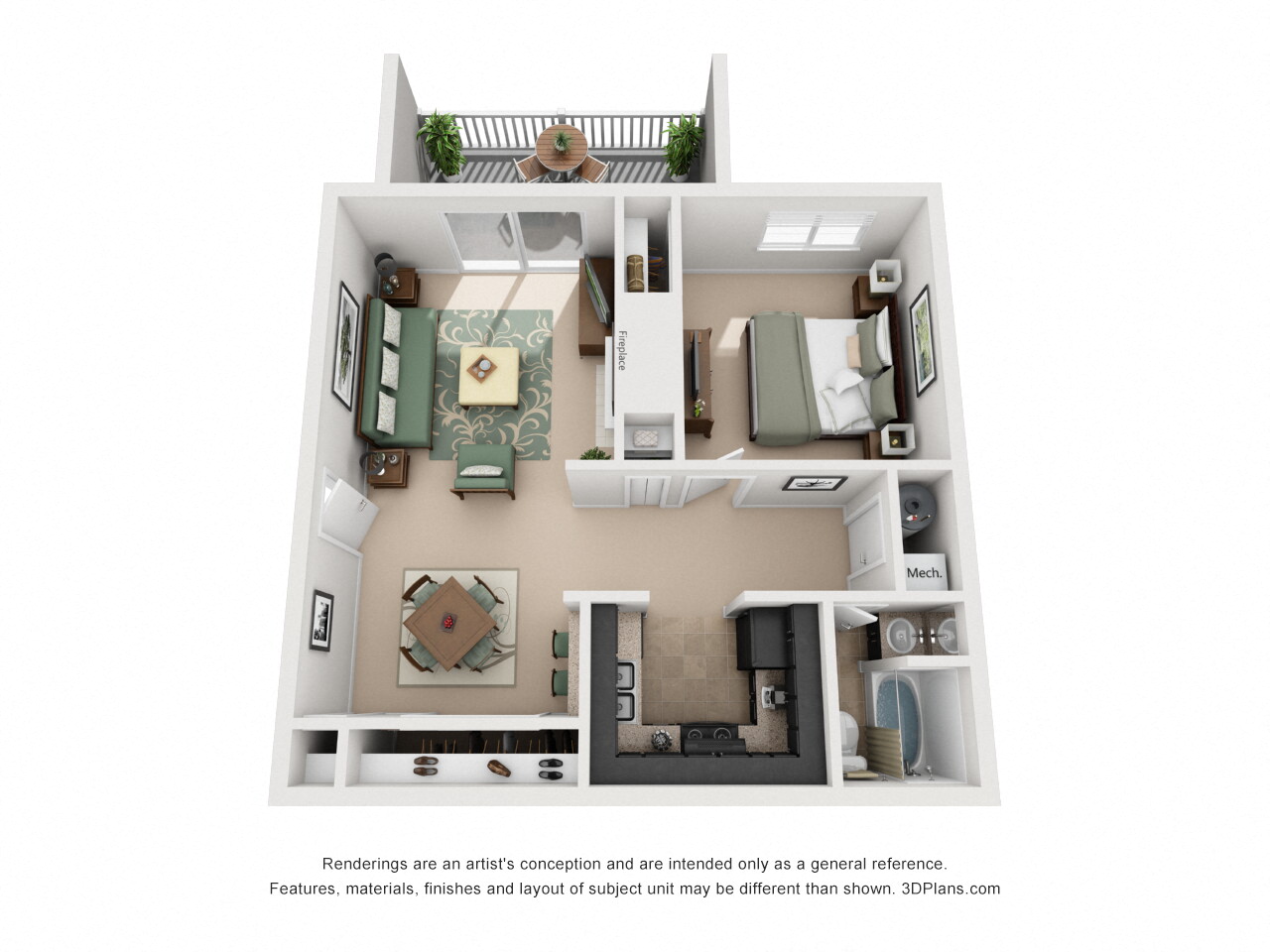 Floor plan for 1 bed, 1 bath, 654 sqft